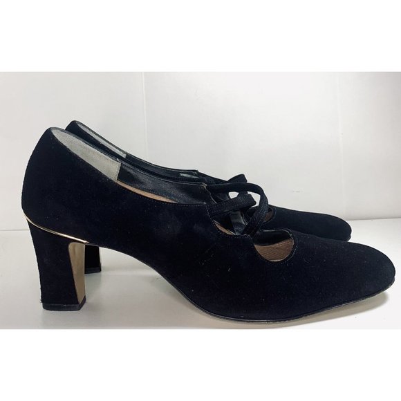 Jacqueline Leather Heels Black Suede Women’s 9.5 Round Toe Block Heel - Picture 1 of 6